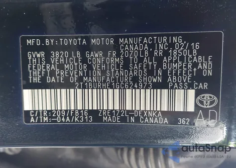 2016 Toyota Corolla Le из США, поврежденный, VIN 2T1BURHE1GC624973